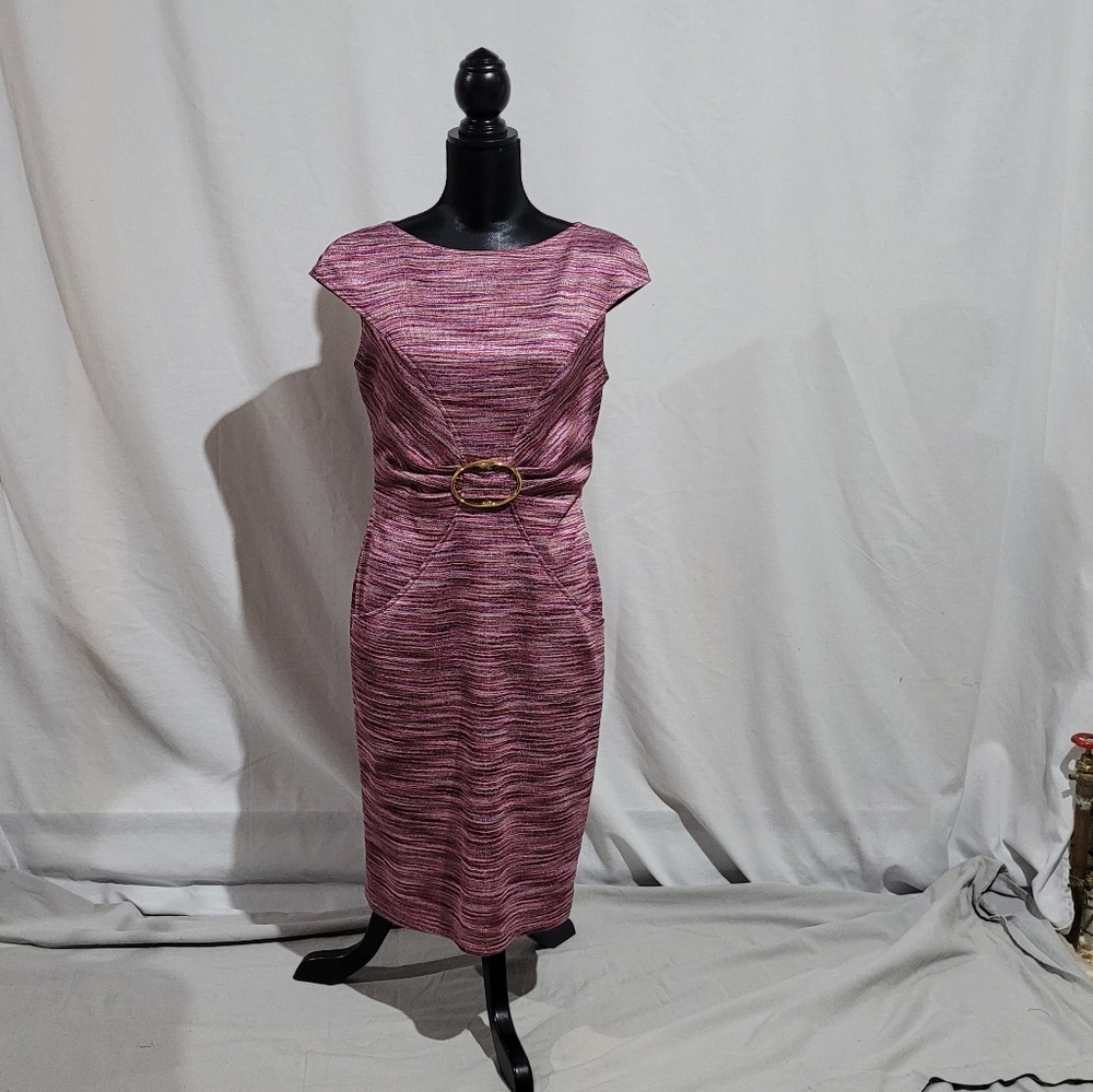 David Meister dress size 10 pockets metallic pink multicolored stripes buckle